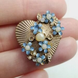 Vintage Heart Shape Brooch with Tiny Blue Forget me Not Flowers and Faux Pearls